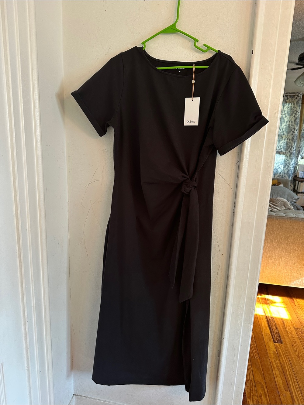 NWT Quince Organic Stretch Cotton Side Tie Midi Dress Black XL